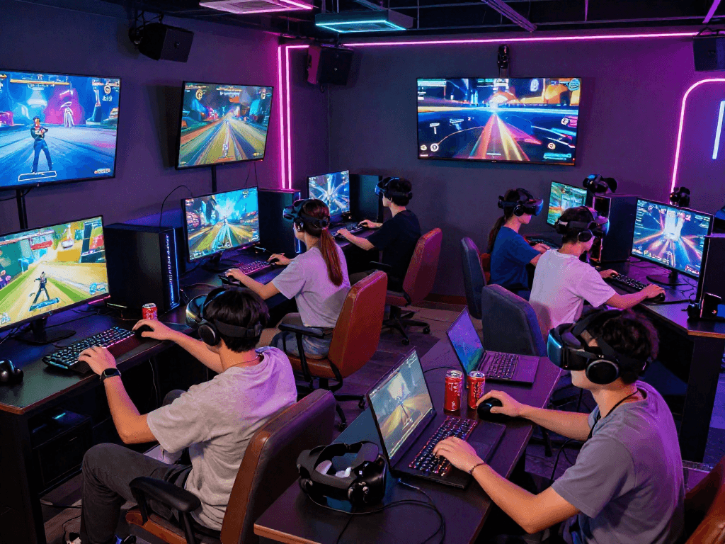 A vibrant gaming lounge scene where friends are immersed in adult games, showcasing engaging gameplay and lively interactions.