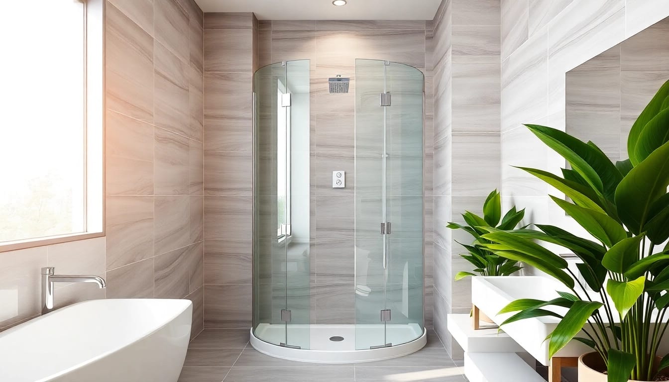 Die sonni Duschkabine in einem eleganten Badezimmer mit modernen Fliesen und strahlender Beleuchtung präsentieren.