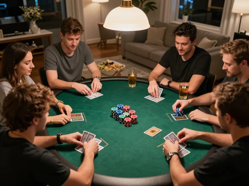 Friends enjoying a competitive poker night while playing FAFA828 at home, showcasing colorful chips and cards.