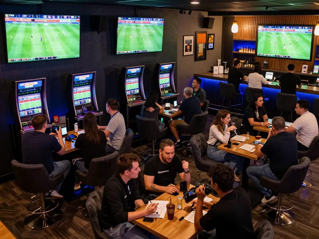 Excited fans engaging in trực tiếp bóng đá hôm nay at a modern sports betting lounge with multiple screens.