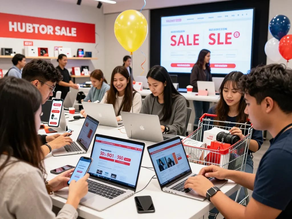 Exciting e-commerce shopping scene showcasing hubet88 com newsletter signup with lively customer interactions.