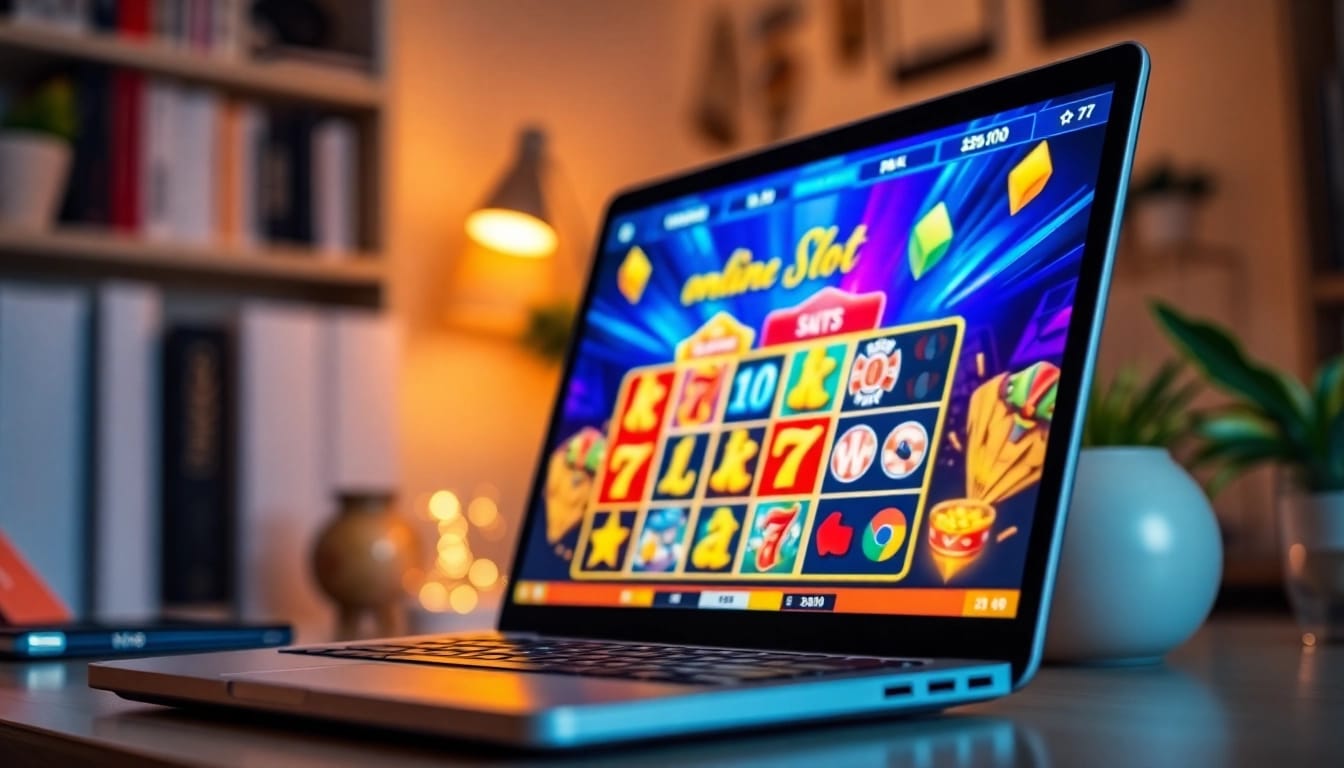 Engaging online slots Uk interface displayed on a laptop in a cozy home setting.