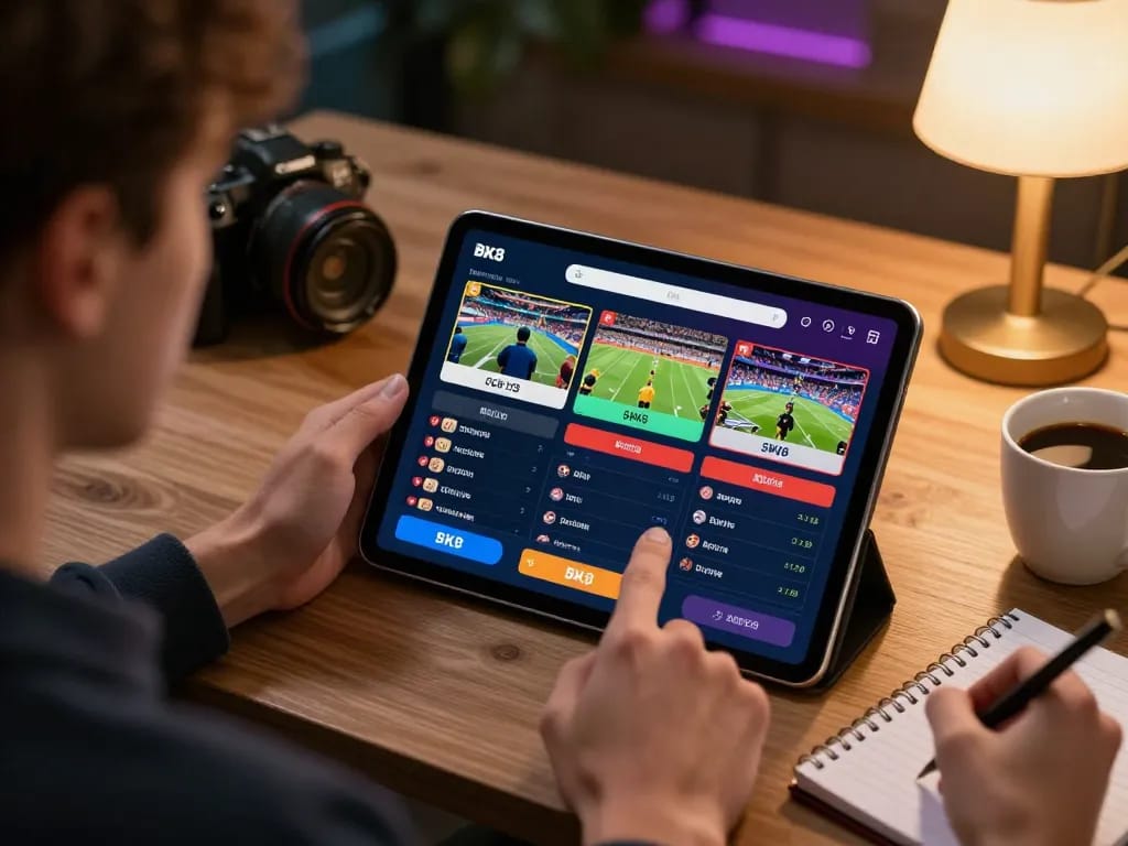 Player placing bets on BK8 app during exciting live sports event, cozy atmosphere with personal touches.