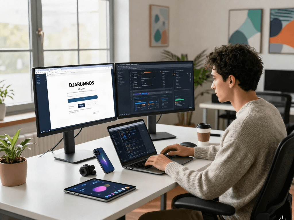 Engaged professional using DJARUMBOS LOGIN at a modern tech workspace with sleek gadgets.