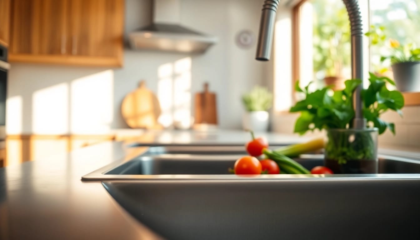 Stainless steel kitchen sink near me showcased with fresh vegetables in a modern kitchen.