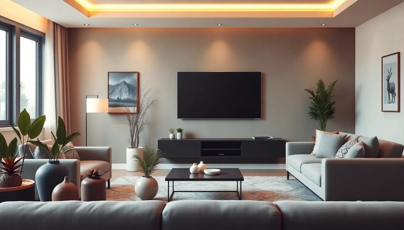 Odkryj telewizor 75 cali w nowoczesnym wnętrzu salonu, otoczone eleganckim wystrojem.