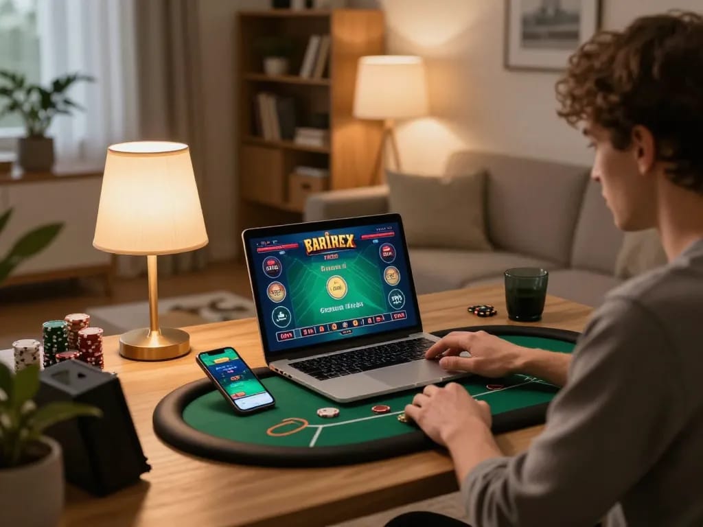 B52Club Có Bịp Không shown in a cozy online gaming setup with a player intensely focused on a poker game.