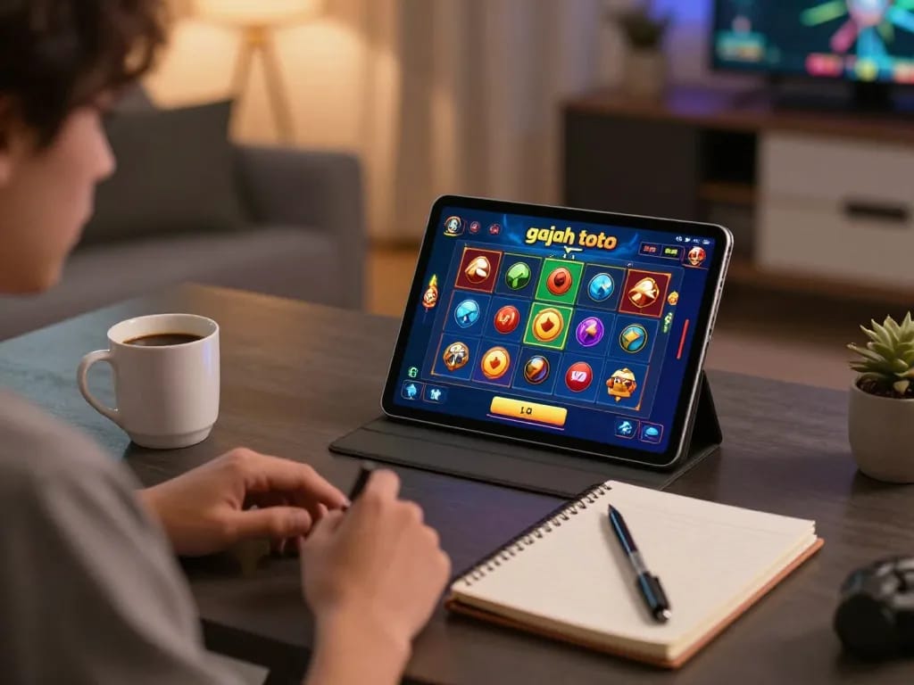 Player engaged with the gajah toto online slot gaming interface while managing strategy notes.