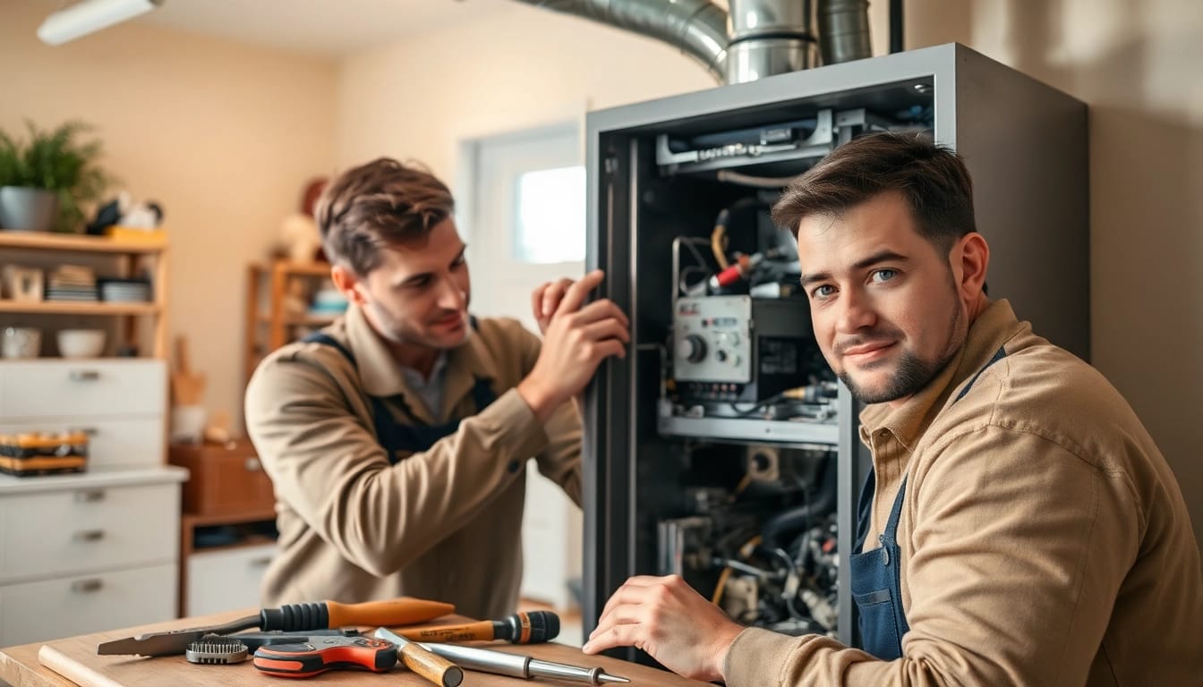 Technician conducting furnace maintenance services with precision in a home setting.