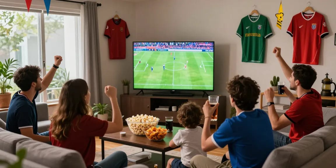 Fans enjoying kora live football matches in a vibrant living room atmosphere.
