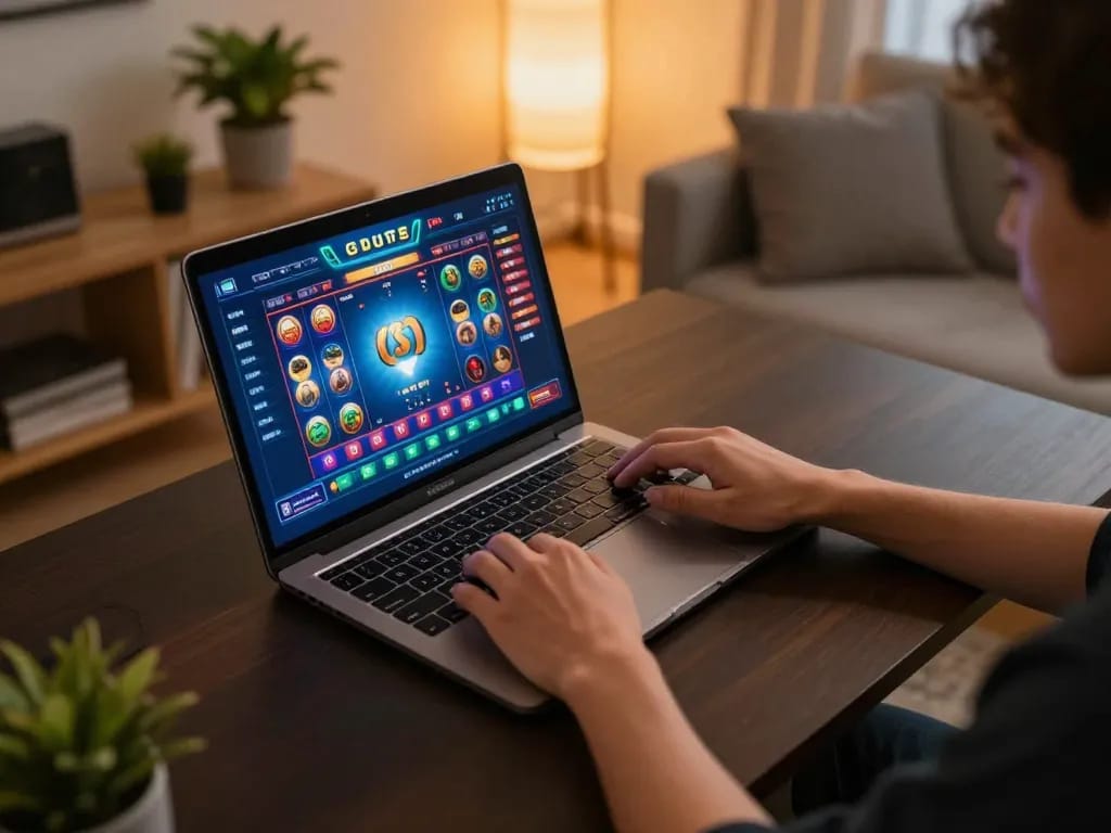 Engaging in situs slot online gameplay on a laptop with strategic planning elements in a cozy home setting.