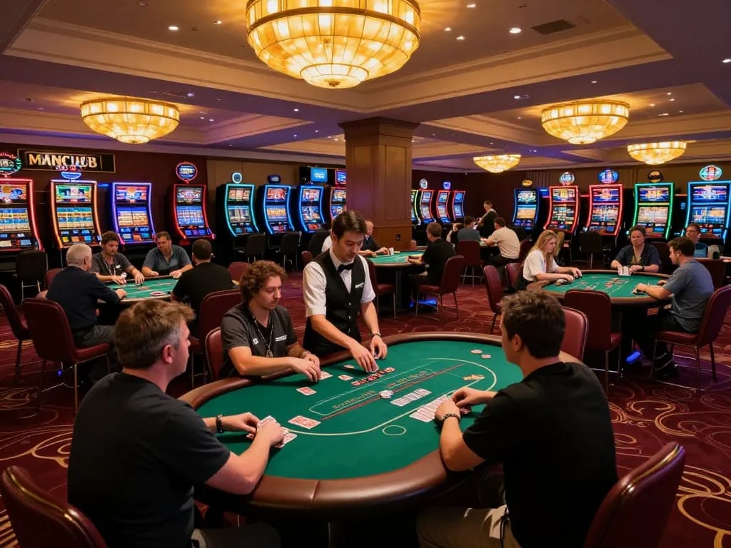 Players enjoy strategic poker gameplay at MANCLUB casino, showcasing the vibrant atmosphere of excitement.