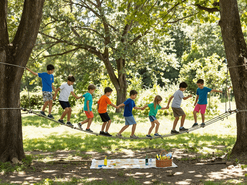 Children crossing a rope bridge in a sunny forest, showcasing adventure and teamwork.