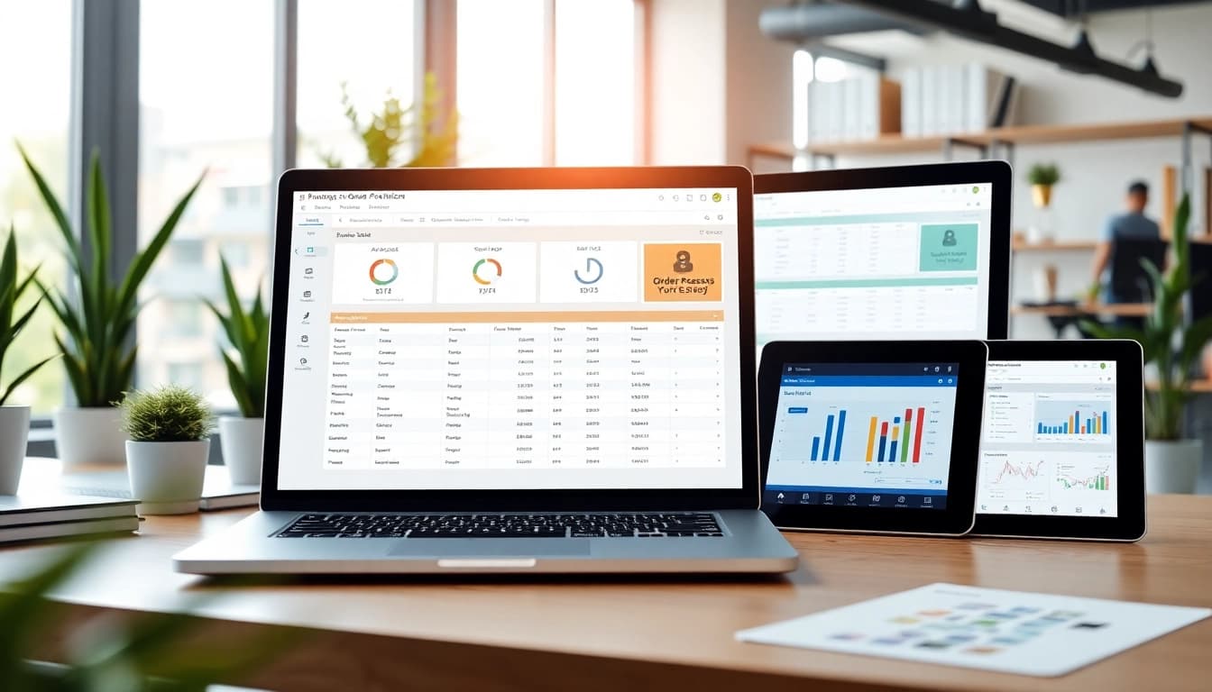 Streamlined order processing software showcased on multiple devices in a bright office space.
