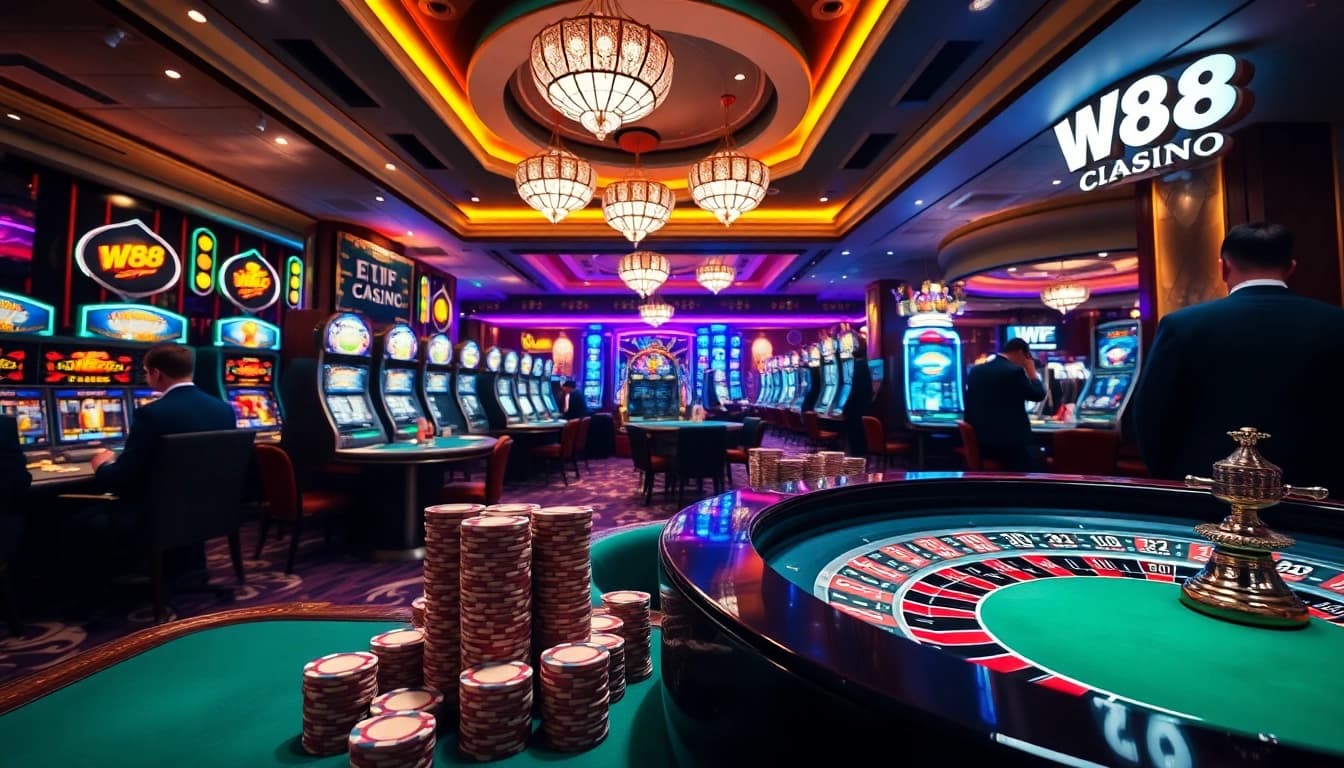 W88 players enjoying an exciting casino game at a stylish gambling venue.
