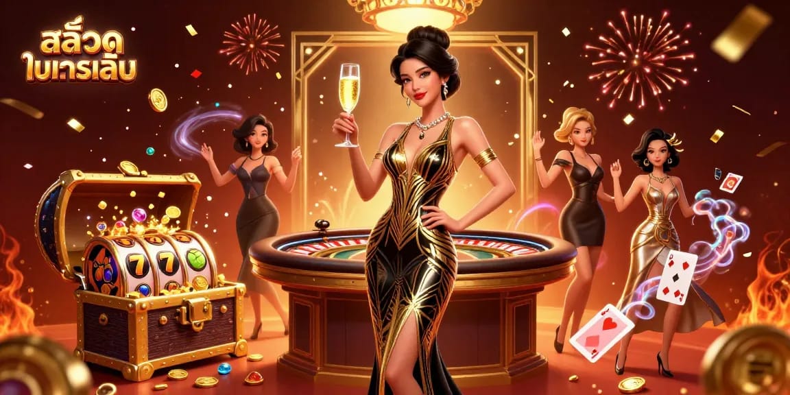 Experience สล็อตทดลองเล่น with vibrant scenes, featuring a glamorous woman and dynamic casino elements.