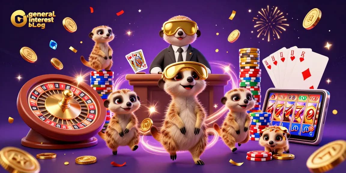 Delight in the vibrant action at the general interest blog casino scene with meerkats amidst a flurry of gold coins.