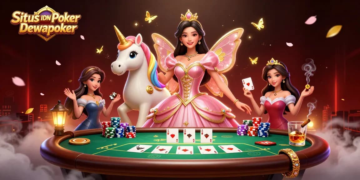 Experience exciting gameplay at Situs IDN Poker Dewapoker with vibrant poker elements and magical characters.