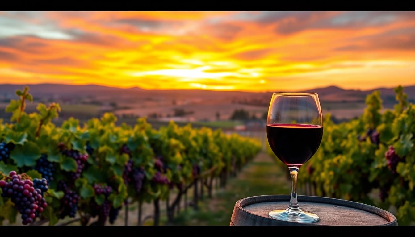 Experience the beauty of Clarksburg wineries with ripe vineyards and sunset hues.