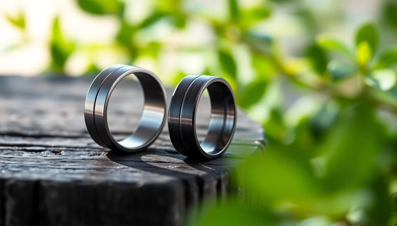 Showcasing Gunmetal Wedding Bands for Men with exceptional details on a rich wooden backdrop.