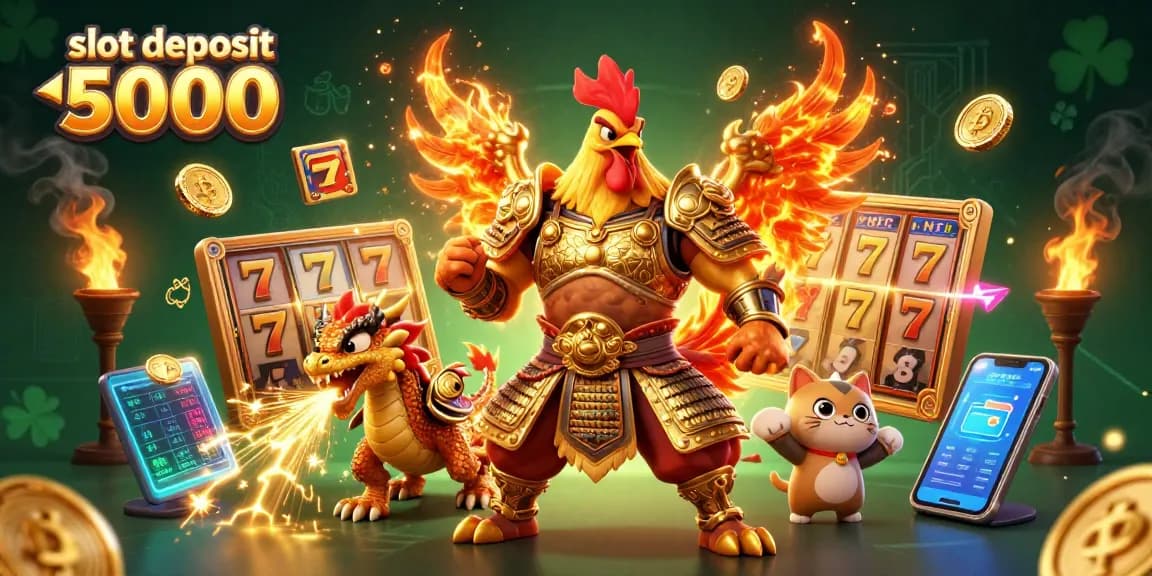 Engage with slot deposits of 5000 in this vibrant 3D illustration showcasing energetic casino elements and characters.