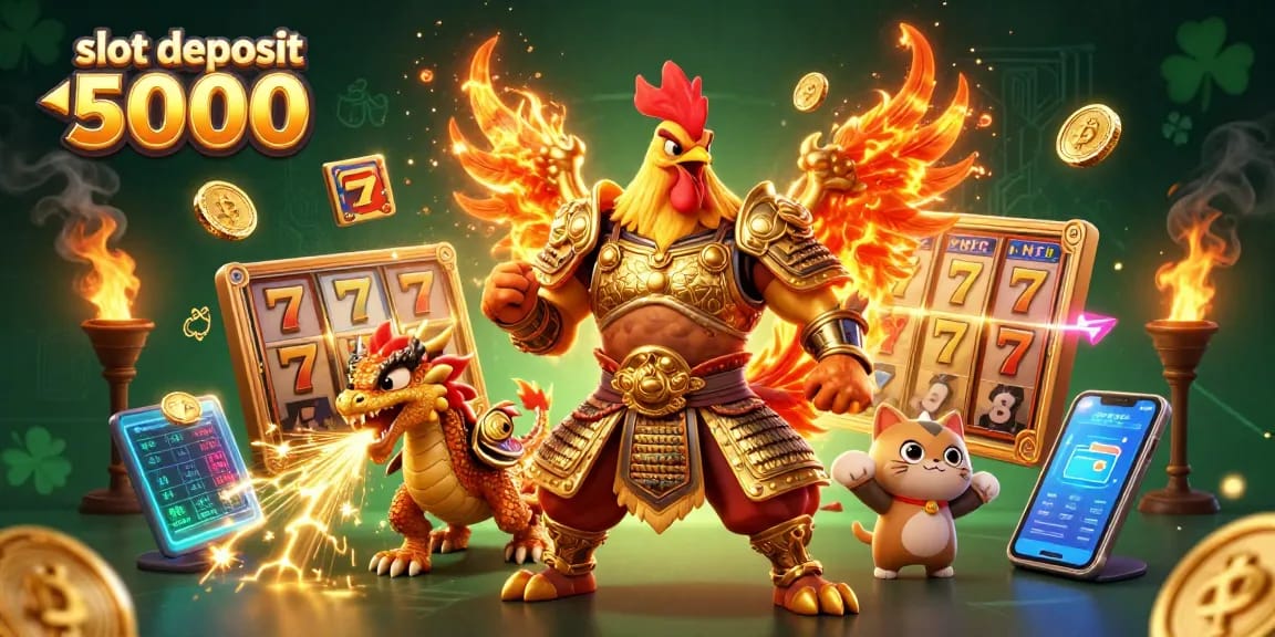 Engage with slot deposits of 5000 in this vibrant 3D illustration showcasing energetic casino elements and characters.