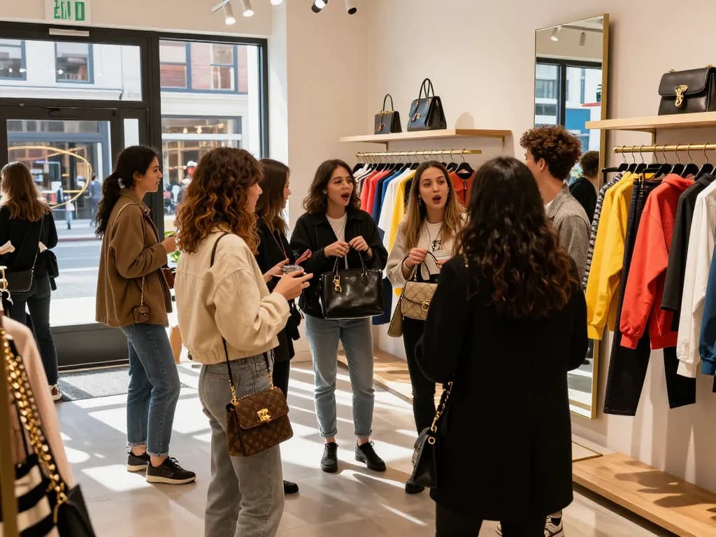 Group exploring fashionable items at a 레플리카 사이트 in a vibrant boutique.