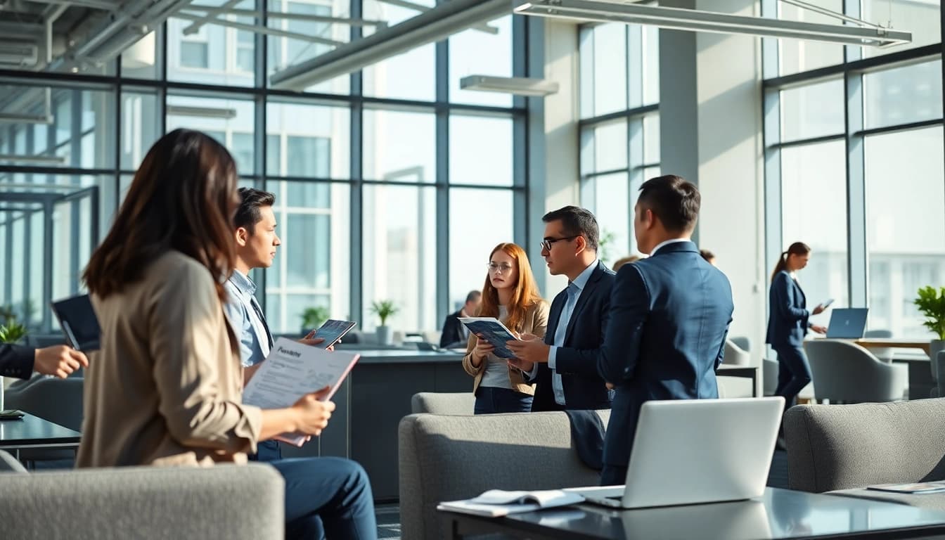 Business professionals discussing 출장 plans in a modern office setting.