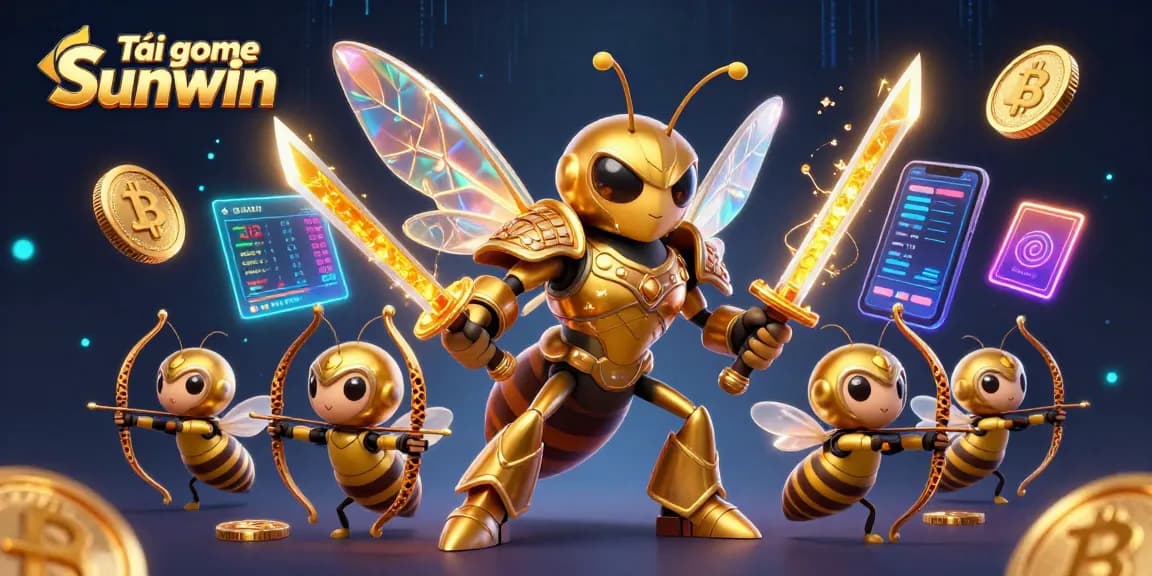 Tải game Sunwin with a vibrant scene featuring a golden hornet samurai and bee archers amidst cryptocurrency elements.