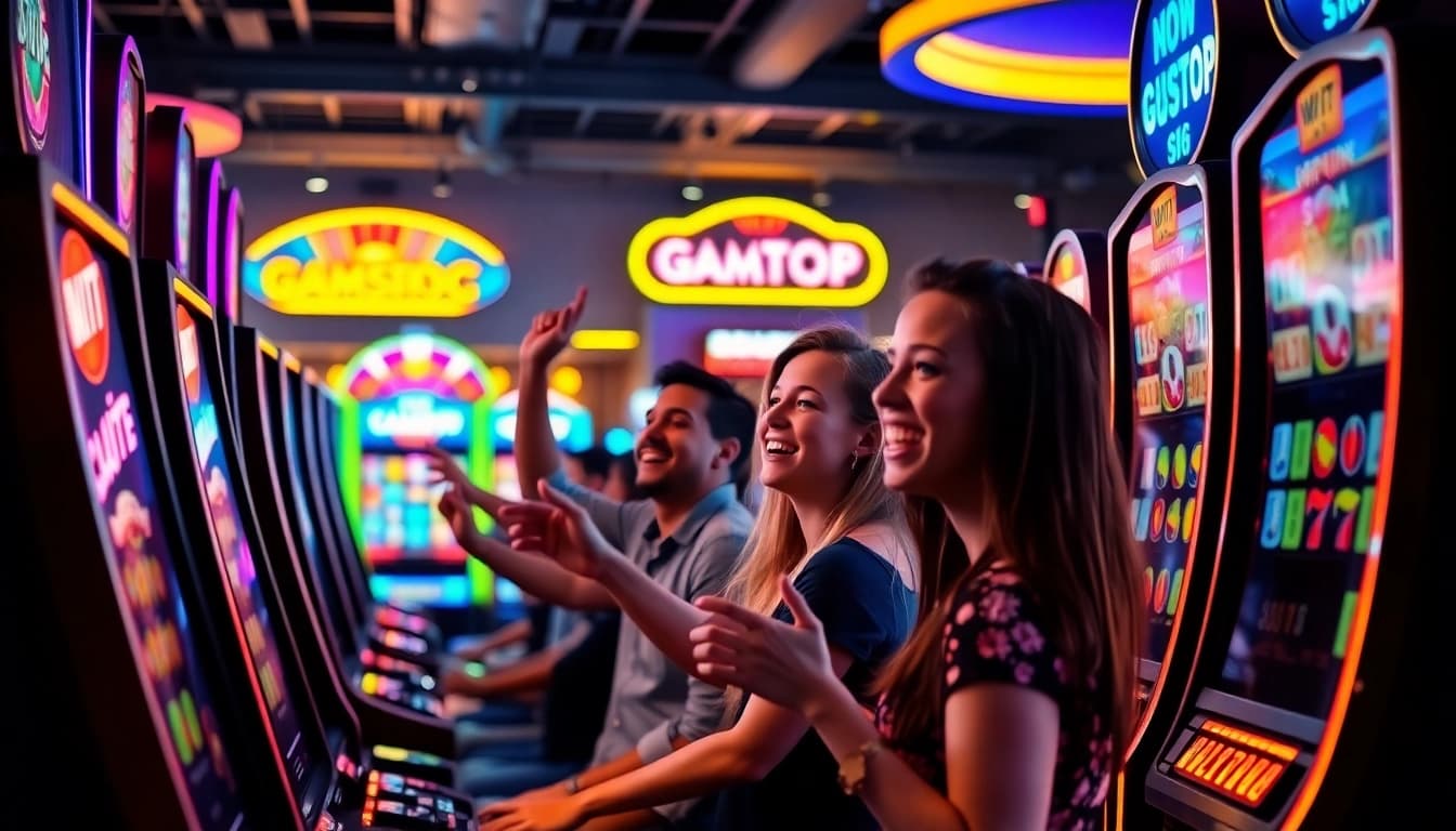 Excited players at a non gamstop Casino Uk enjoying vibrant slot machines and gaming atmosphere.