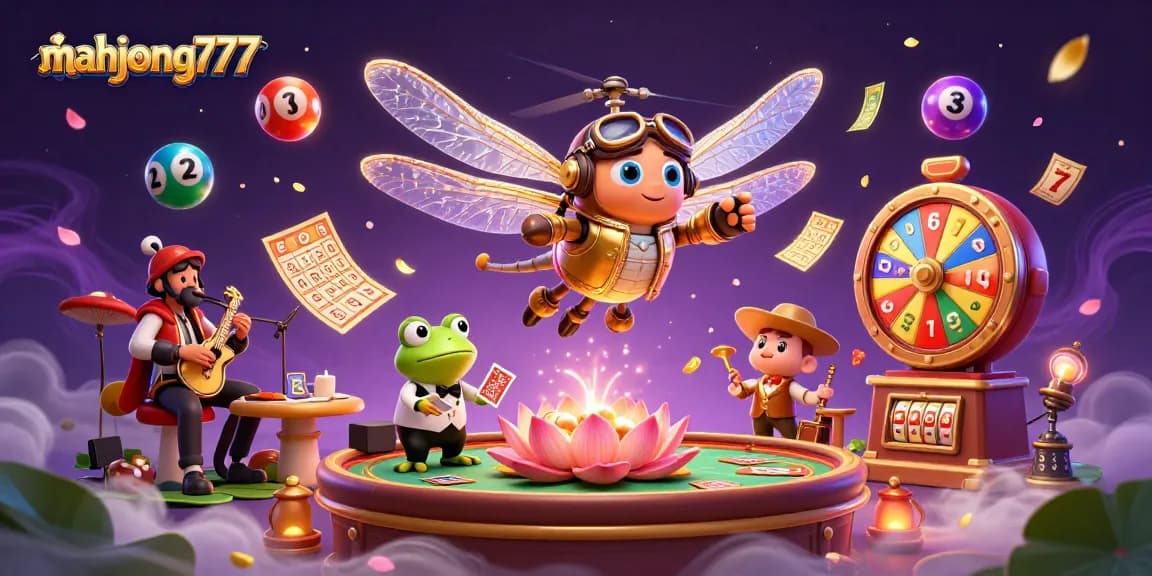 Experience fun wins with Mahjong777 at a unique lily pad casino, featuring dynamic elements and characters in vibrant 3D.