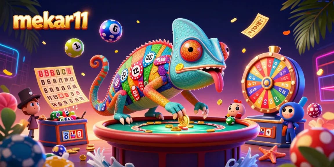 Engage with vibrant casino dynamics featuring mekar11 and a chameleon casino owner amidst thrilling game elements.