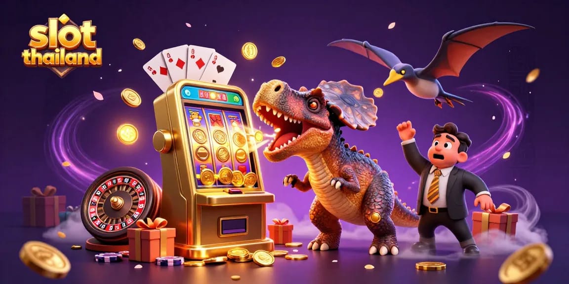 Experience slot thailand action as a dinosaur triggers jackpots amidst casino chaos.
