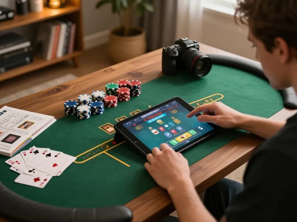 79 king player engaging in a blackjack game online on a tablet in a cozy home setting