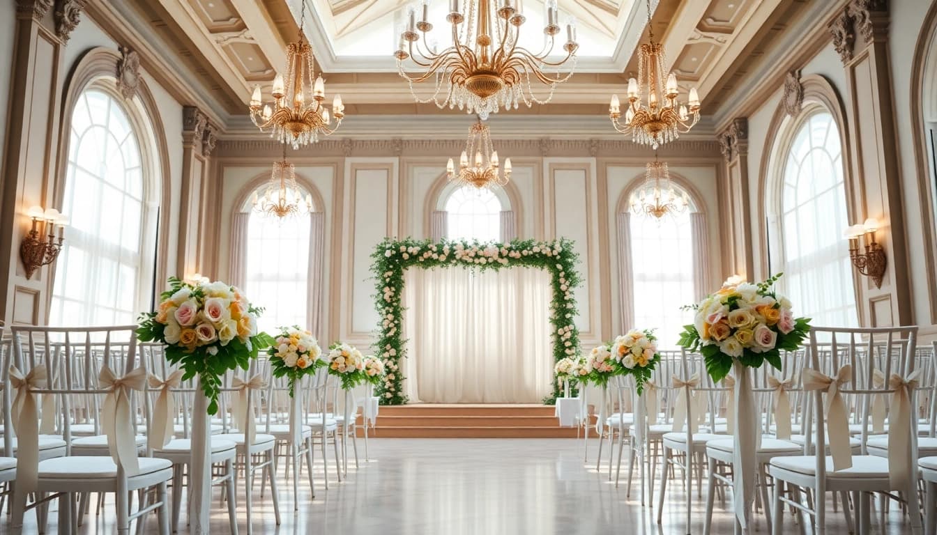 Charming Jacksonville Wedding Venue decorated for a romantic ceremony with floral accents and bright light.