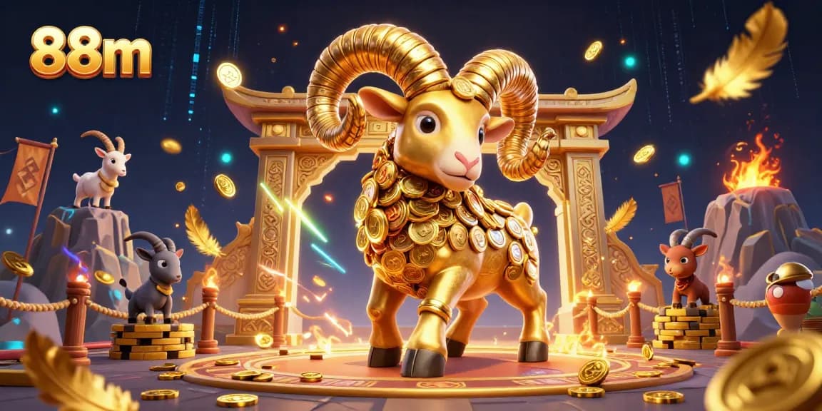 Experience the excitement of 88m casino gaming with a dynamic 3D illustration featuring a golden ram and a vibrant arena.