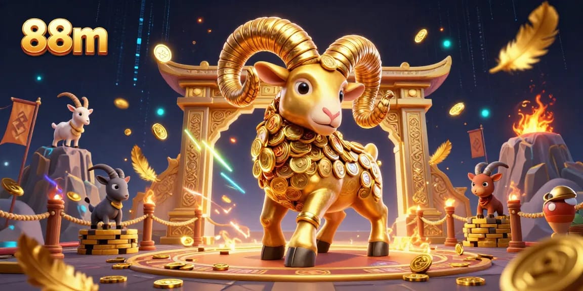 Experience the excitement of 88m casino gaming with a dynamic 3D illustration featuring a golden ram and a vibrant arena.
