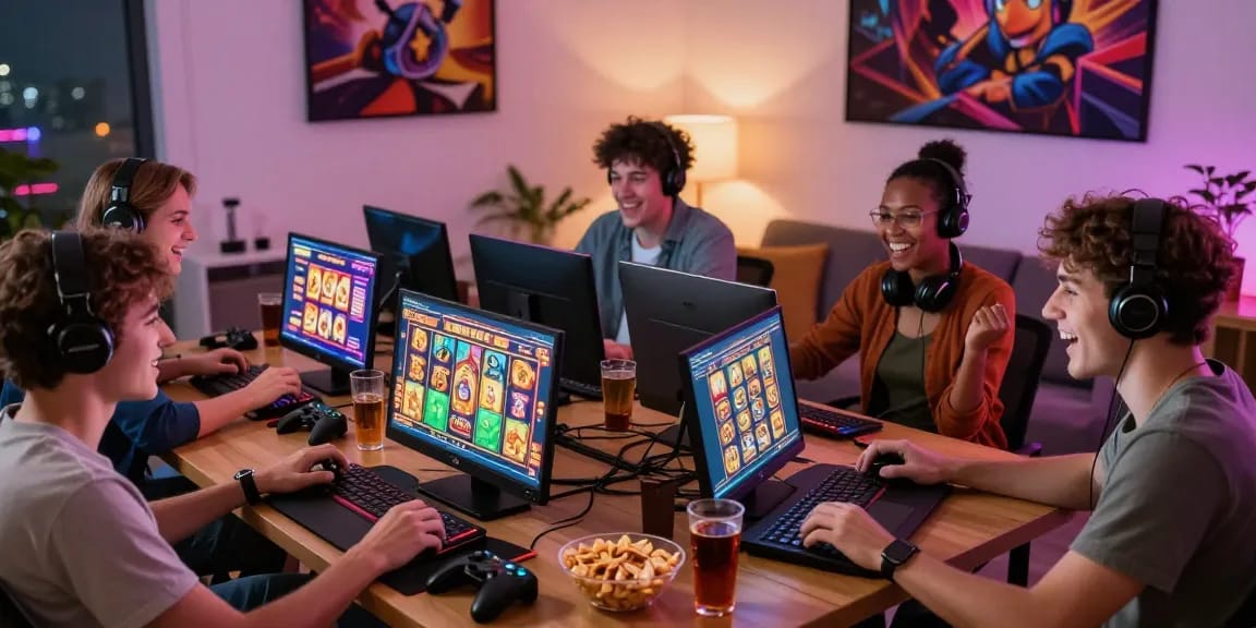 Exciting group playing slot gacor games in a cozy living room.