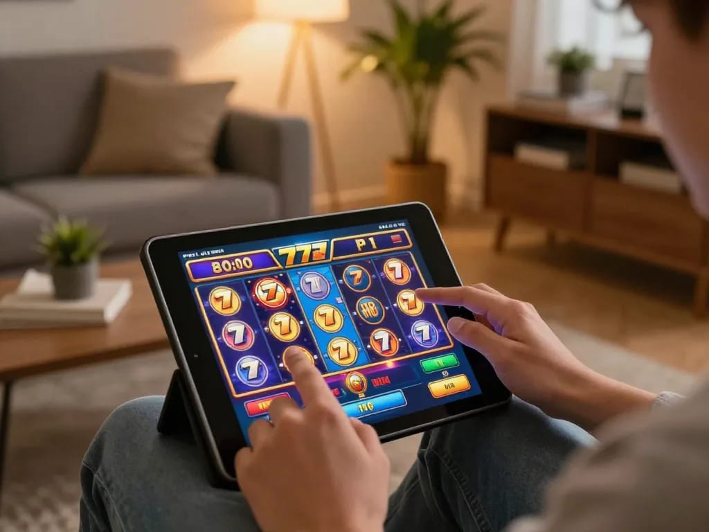 Player enjoying slot77 online gaming on a tablet in a cozy living room, engaged and ready to spin.