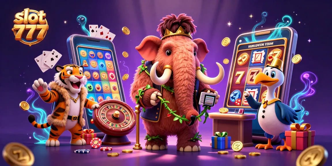 Experience the thrill of slot 777 gameplay with a vibrant digital casino scene featuring exciting characters and slots.