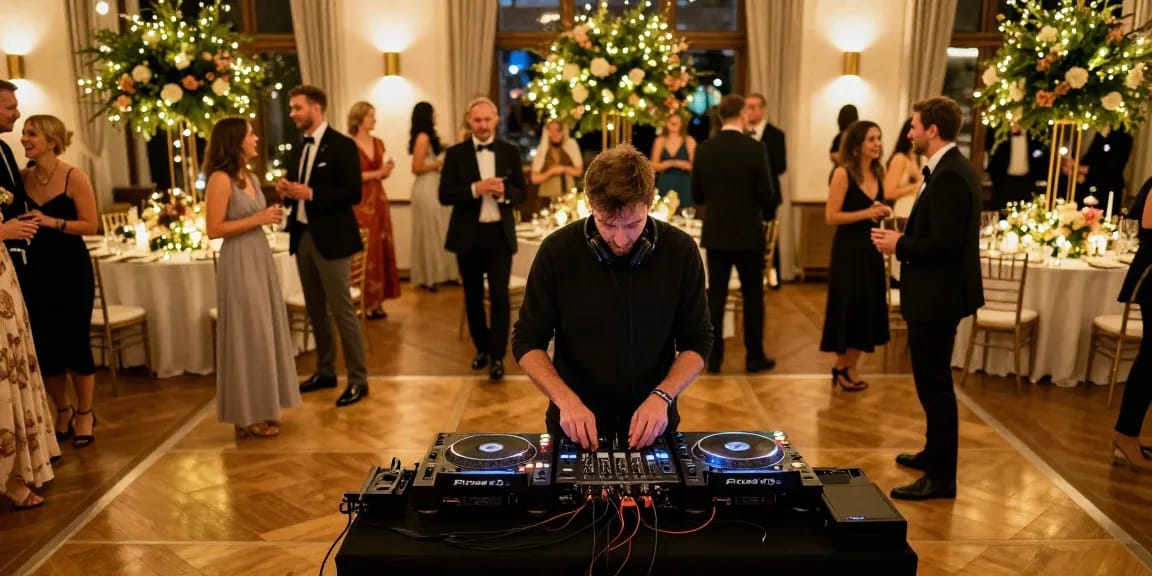 Professioneller DJ für Hochzeit in Berlin bei der Equipment-Installation in festlichem Ambiente.
