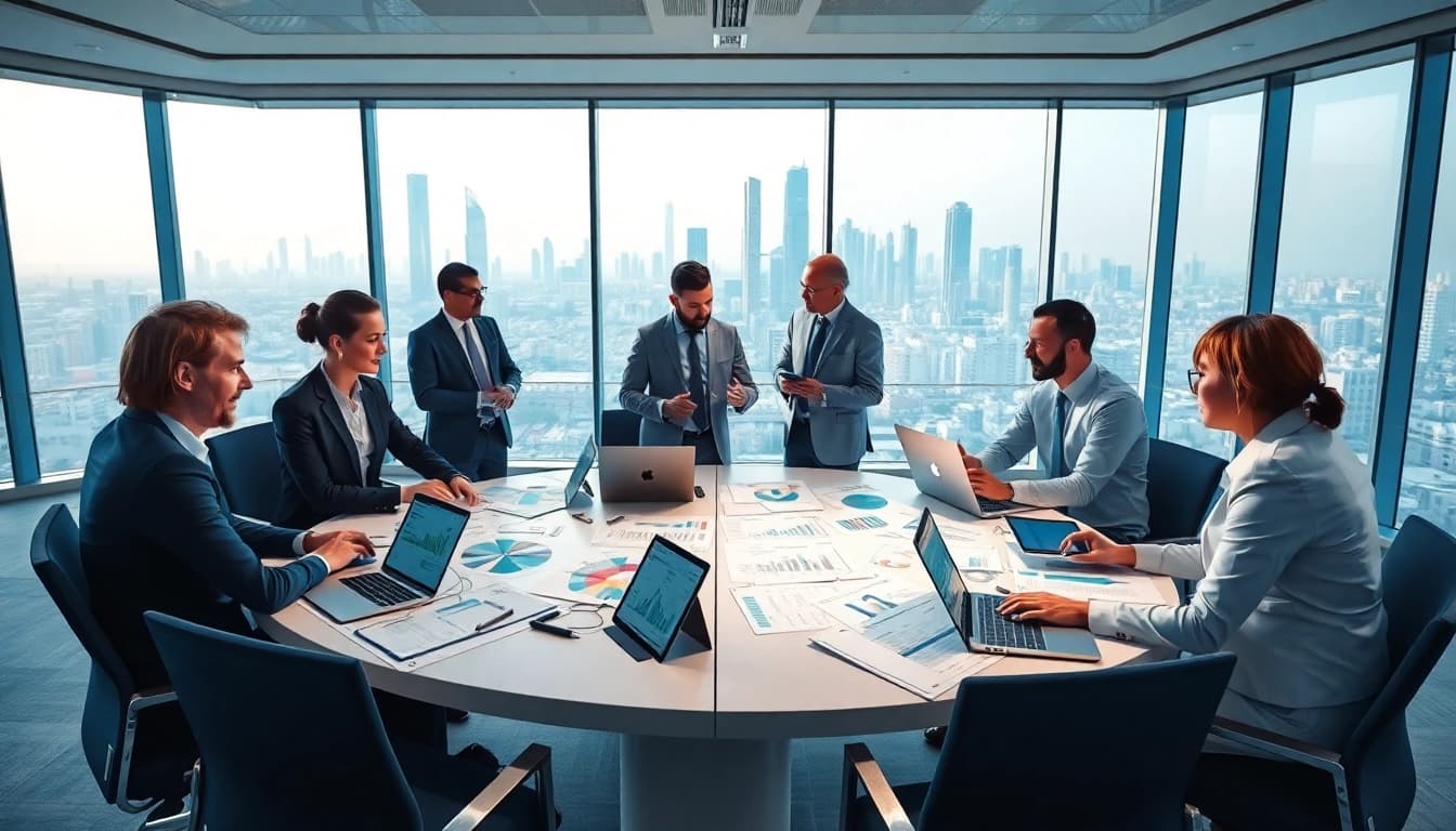 Professional team discussing VAT Services in UAE with financial reports in an office.