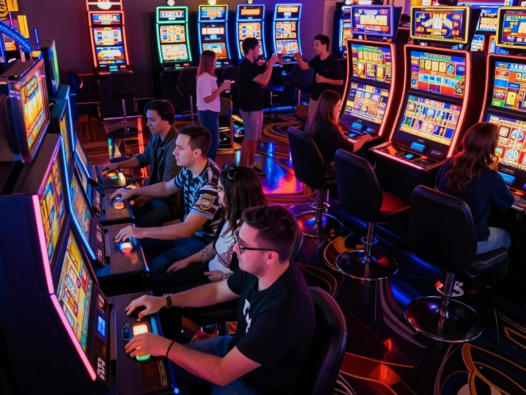 Players enjoying slot deposit 1000 games amid colorful machines under vibrant neon lights.