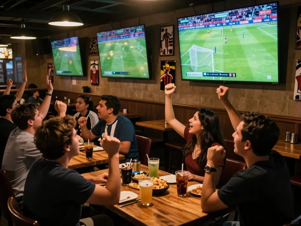 Soi Kèo fans cheering together in a vibrant sports bar while placing bets on live soccer matches