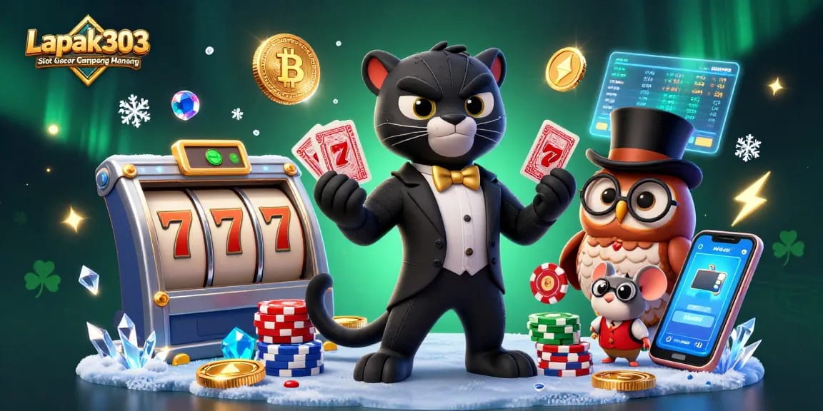 Engage with exciting gameplay featuring Lapak303 Slot Gacor Gampang Menang, where a tuxedo-clad panther deals cards.