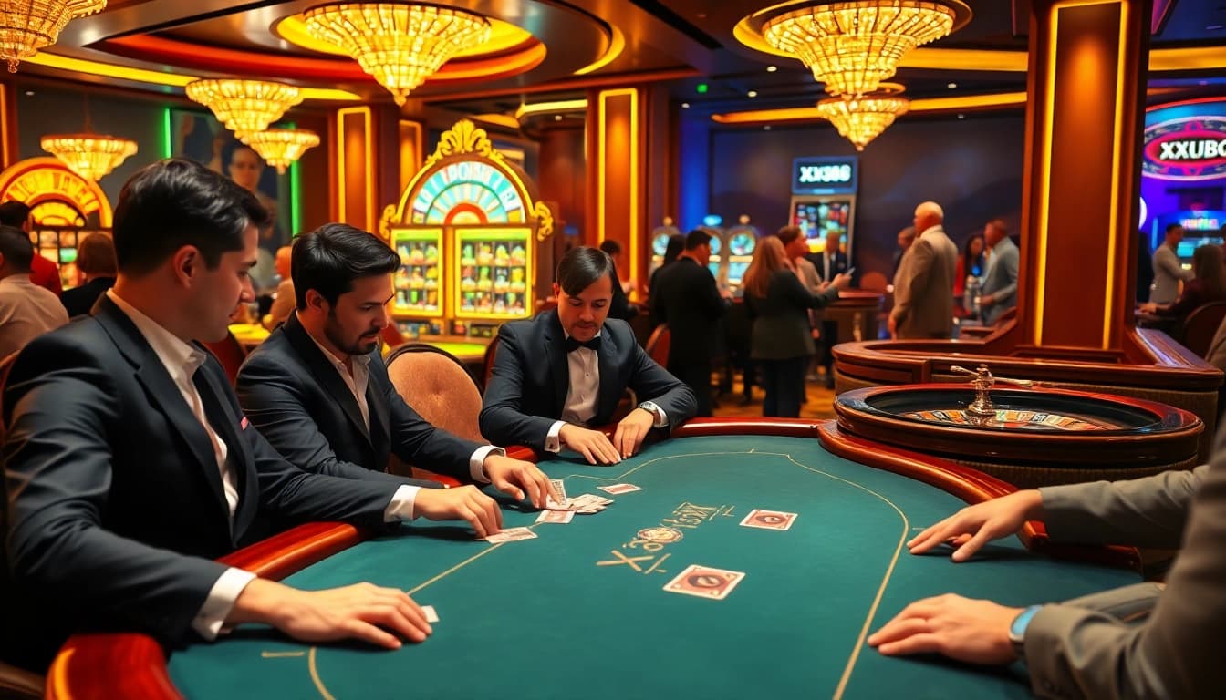 Players engaging in a high-stakes poker game at XX88 casino, surrounded by vibrant slot machines and roulette.