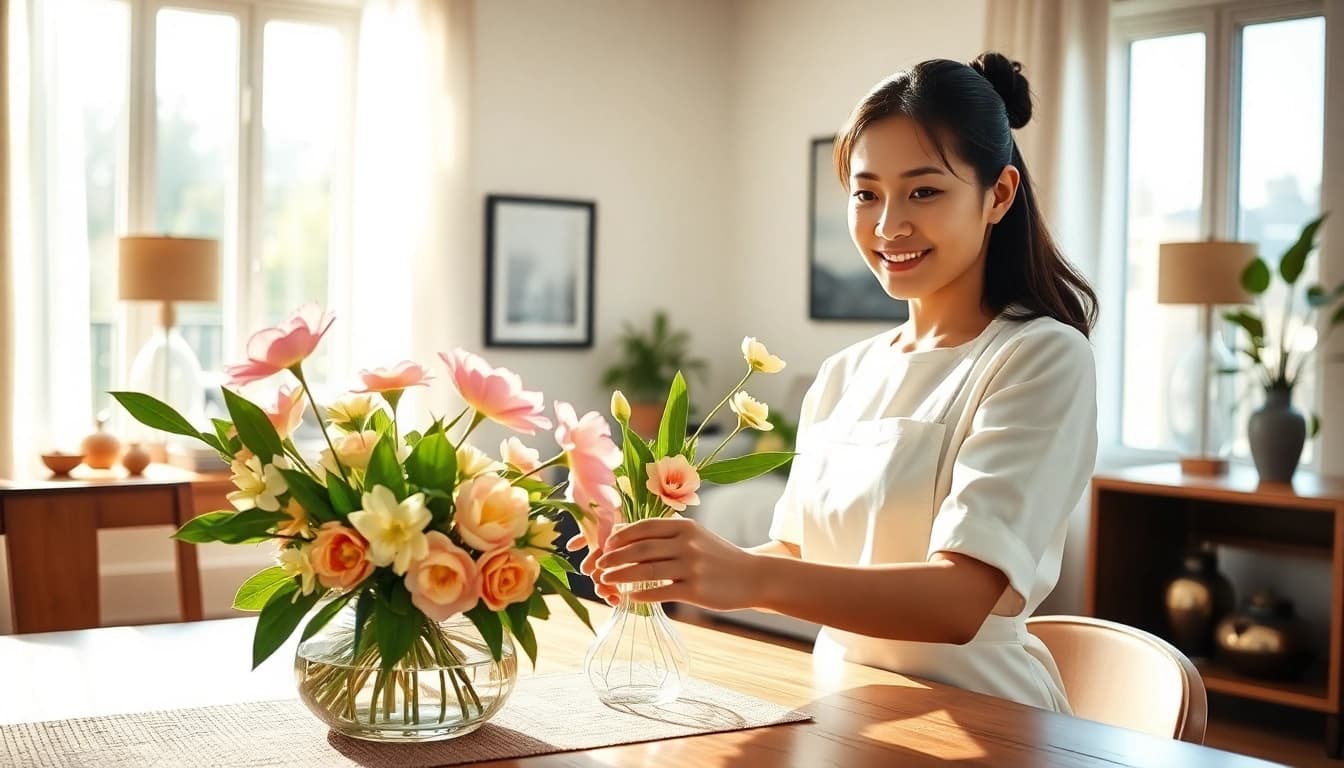 Indonesian maid arranging flowers in a bright home, exuding warmth and professionalism.