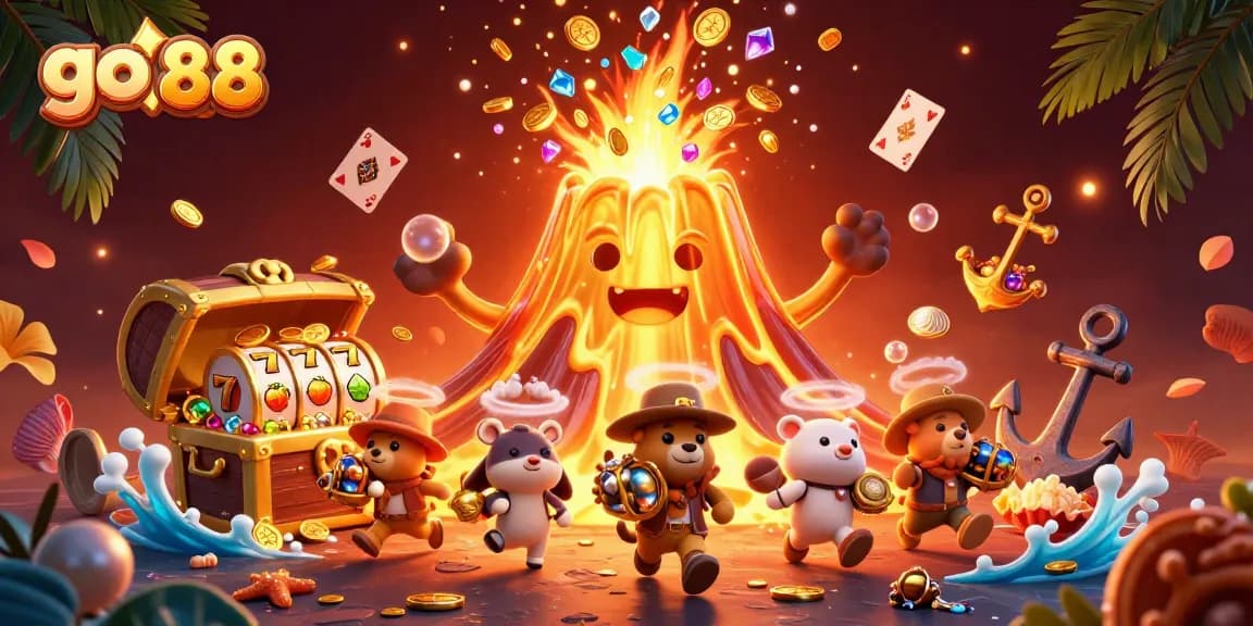 Experience the excitement of go 88 with a vibrant 3D casino scene featuring treasure and playful characters.