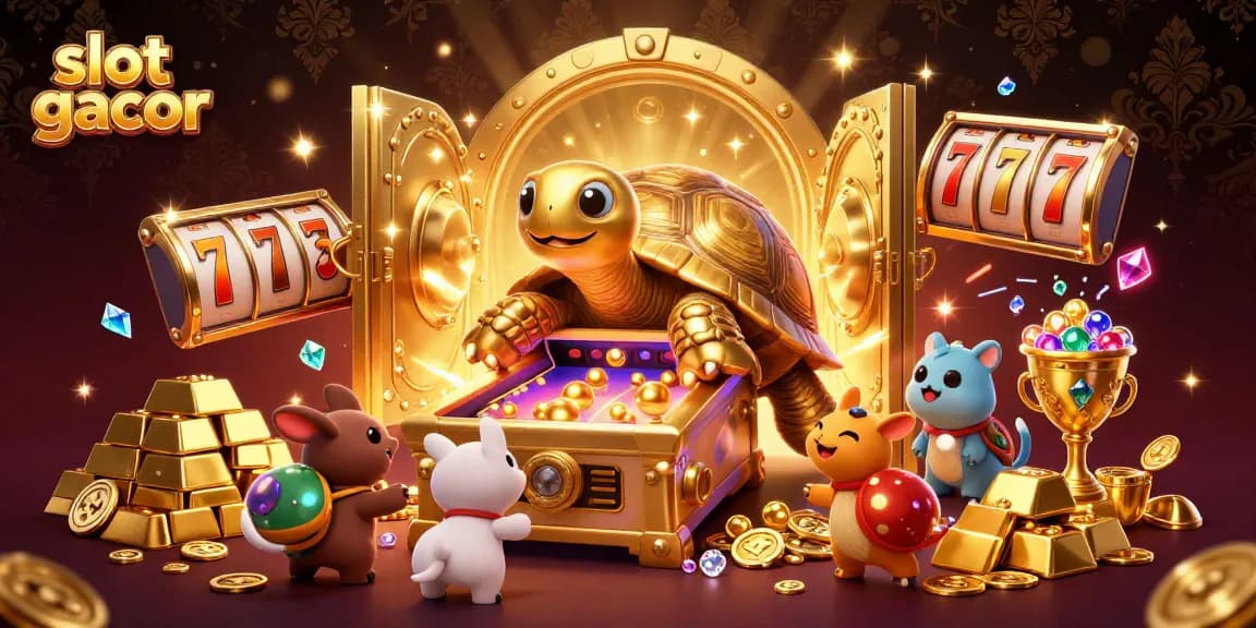 Engage with slot gacor in a vibrant 3D scene featuring a colossal tortoise and treasure.