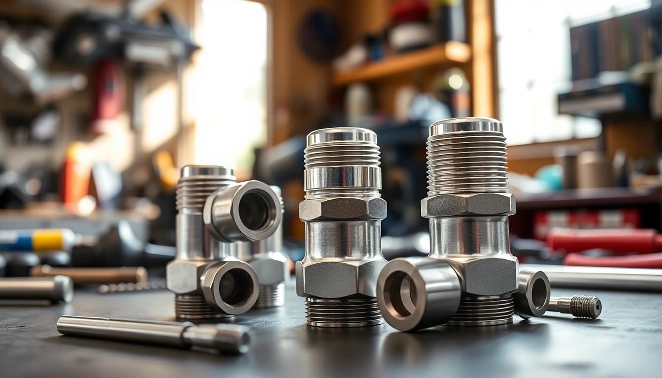 E85-compatible AN fittings glimmer proudly on a workbench, symbolizing quality and precision in automotive design.